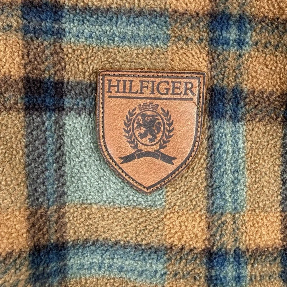 VTG Tommy Hilfiger Plaid Fleece Quarter Zip Mens XL Green Tan Vintage Gorpcore